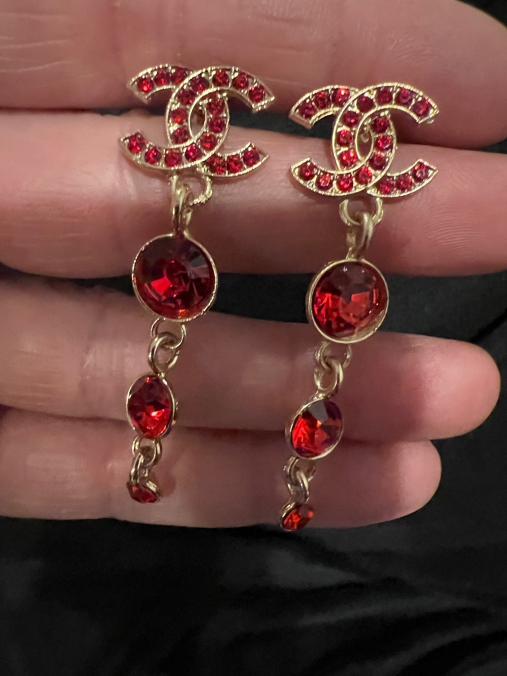CHANEL Red Crystal Logo Drop Earrings - Gold Tone - Picture 4 of 13